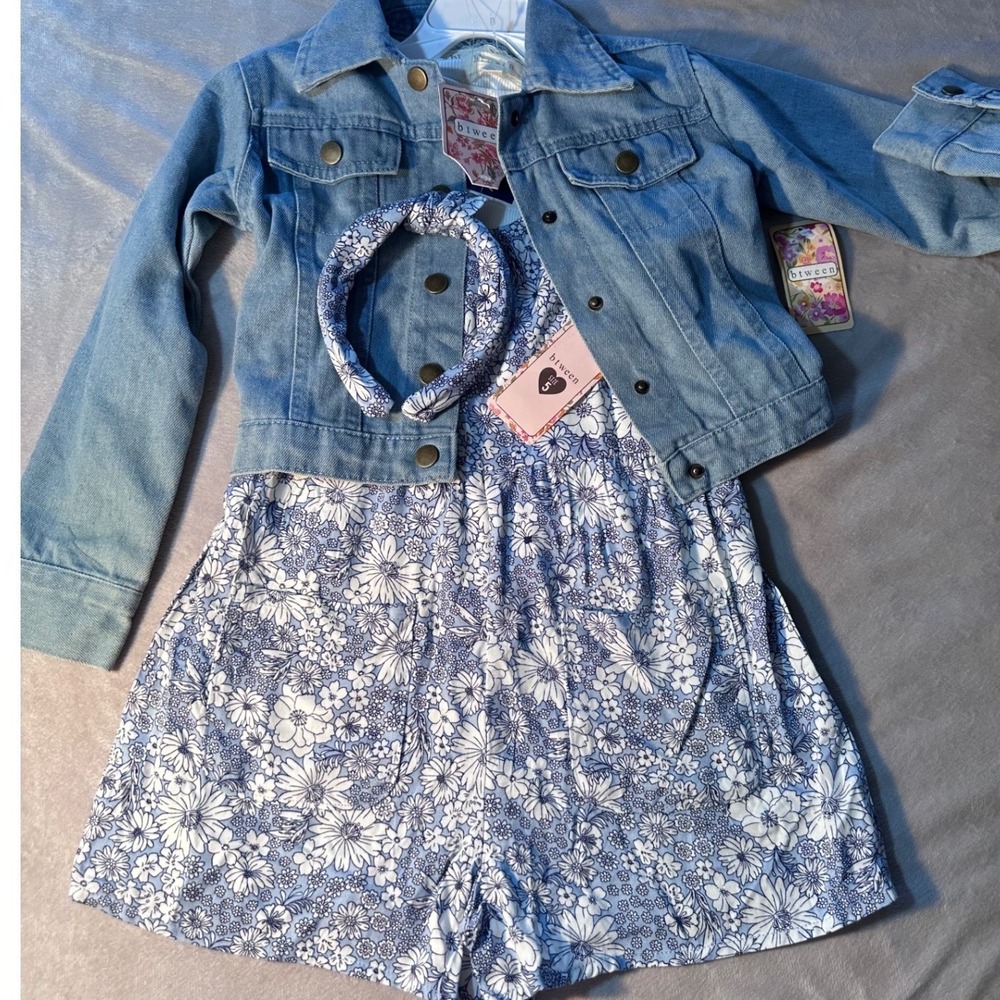 Btween Girls 4-Piece Set Denim Jacket Floral Romper Ribbed Top Headband Size 5